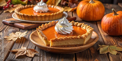 Classic Pumpkin Pie with Whipped Cream on a Rustic Wooden Table for Thanksgiving Celebration