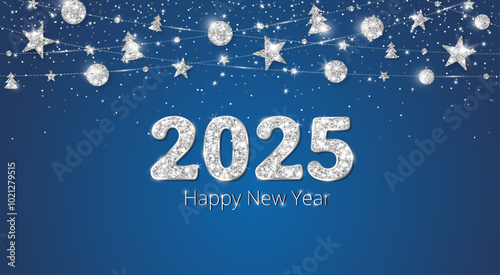 Happy New Year banner. 2025 white glitter numbers. Christmas silver glitter decoration with balls, trees and stars. Blue celebration background. For holiday headers, party flyers. Vector illustration.