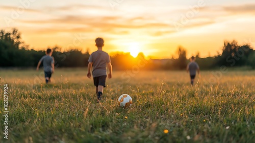 Kids playing soccer in an open field sun setting behind them wideangle view vibrant colors photo