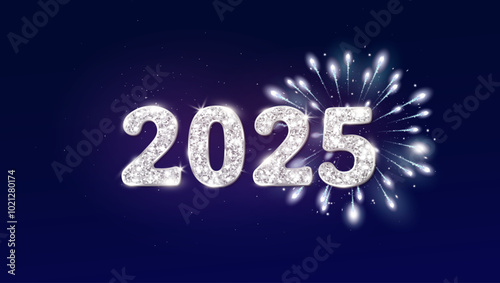 Wallpaper Mural Happy New Year background. 2025 white glitter numbers. Night sky with shiny fireworks explosion. Holiday decoration. For calendars, party posters, Christmas season campaigns and social media. Vector. Torontodigital.ca