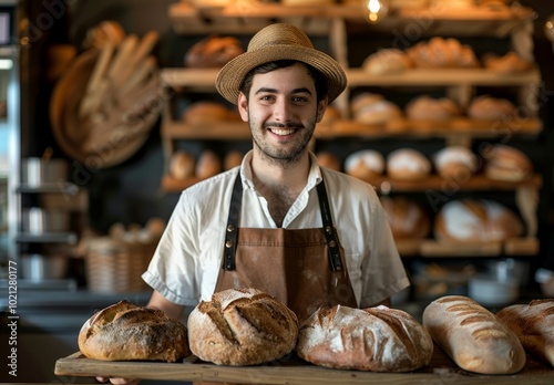 Young baker proudly presents freshly baked artisanal bread in a warm and inviting bakery setting during daylight hours photo