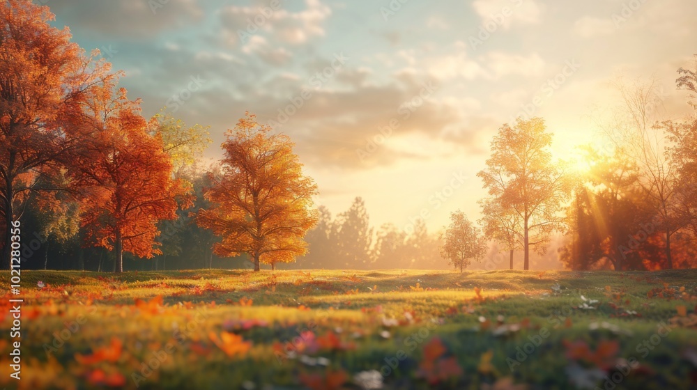 Golden Hour in Autumn Landscape: Trees and Meadow bathed in Warm Sunset Light Golden Hour in Autumn Landscape: Trees and Meadow bathed in Warm Sunset Light