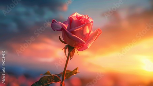 Pink Rose in a Golden Sunset Sky: A Romantic Floral Image