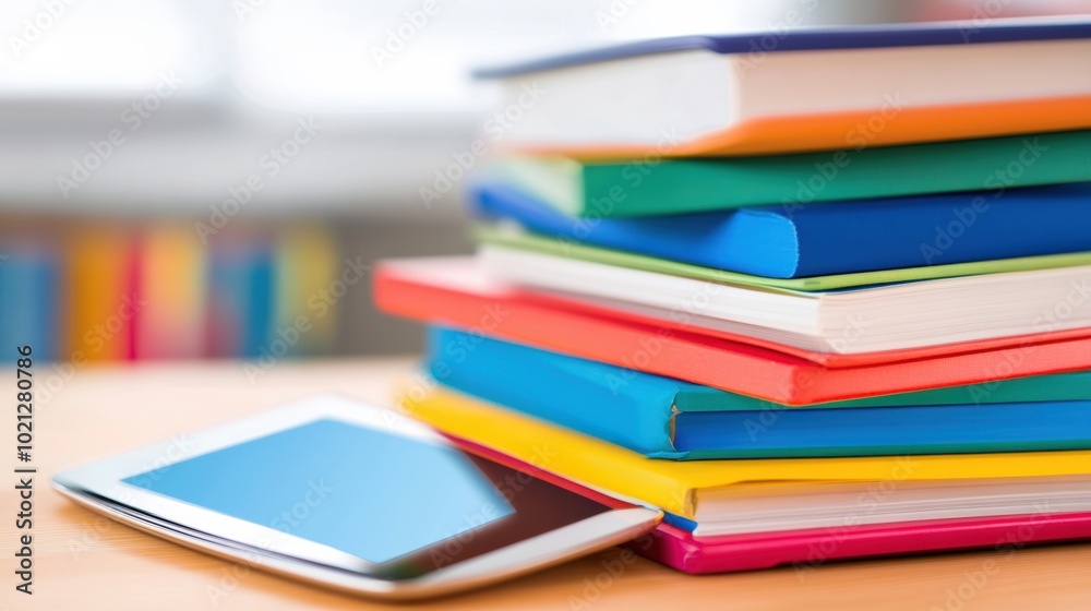Stack of Colorful Books with Tablet on Wooden Desk, AI Stack of Colorful Books with Tablet on Wooden Desk, AI