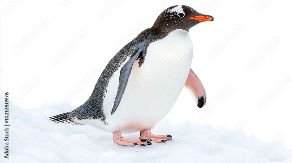 Fototapeta premium penguin with tuxedo like coat stands gracefully on snow, showcasing its adaptability
