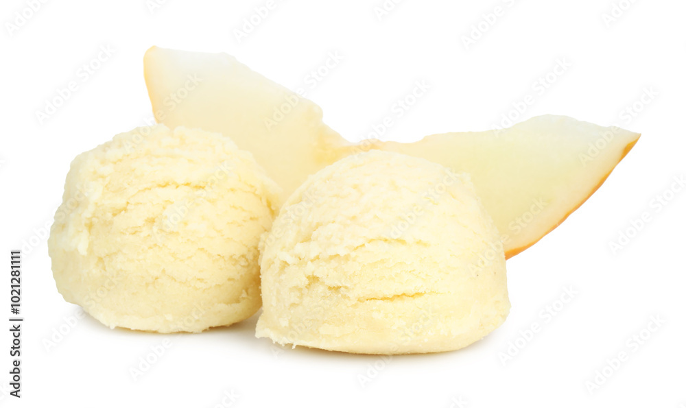 Scoops of melon sorbet and fresh fruit isolated on white Scoops of melon sorbet and fresh fruit isolated on white