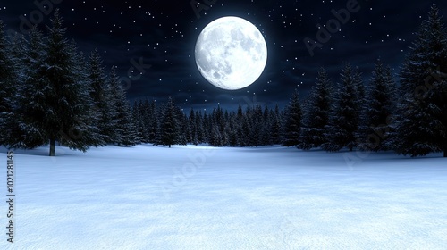 Under a glowing full moon, soft snowflakes fall on a tranquil winter landscape, while Santa's sleigh glides across the starry sky above dark tree silhouettes