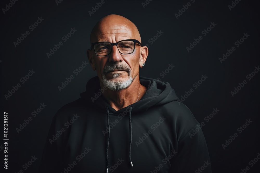 Portrait of an old man in a black hoodie and glasses. Portrait of an old man in a black hoodie and glasses.