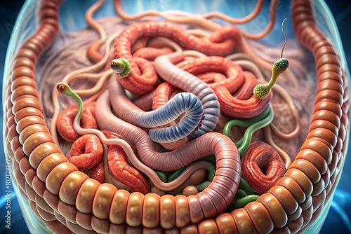 Close-up Images of Threadworms in Human Intestines Illustrating Parasitic Infections and Health Issues photo