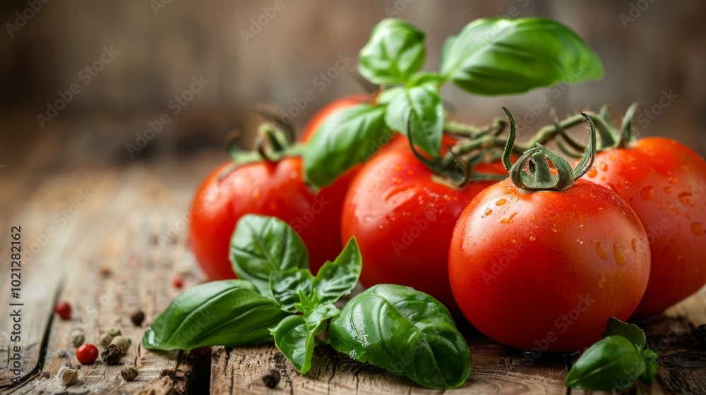 Fresh Tomatoes and Basil on Wooden Table: A Culinary Delight Fresh Tomatoes and Basil on Wooden Table: A Culinary Delight