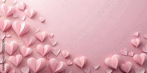 Pink paper hearts scattered on a light pink background, creating a romantic and delicate setting.