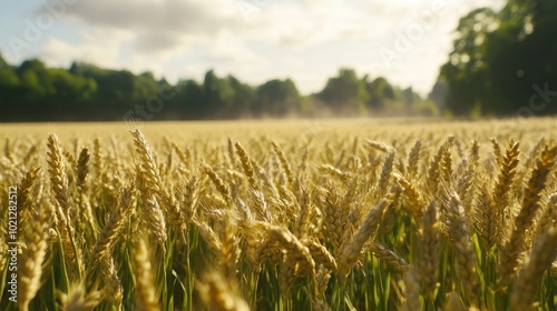 Lush wheat fields stretching toward the horizon, with the steam of plants visible in the foreground. A peaceful rural setting in late afternoon light.