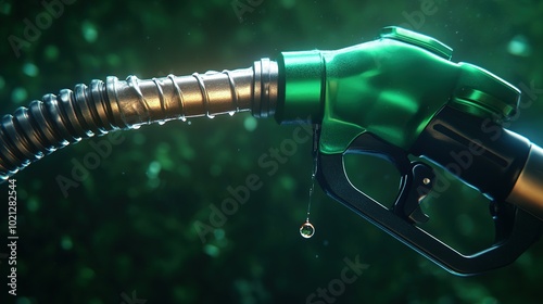 Green gas pump with metallic nozzle and black hose releasing fuel droplet, highlighting vehicle refueling and maintenance at gas station, emphasizing energy efficiency and fuel shortage