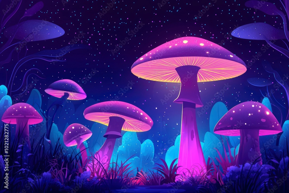 Glowing Purple Mushrooms in a Mystical Forest Glowing Purple Mushrooms in a Mystical Forest