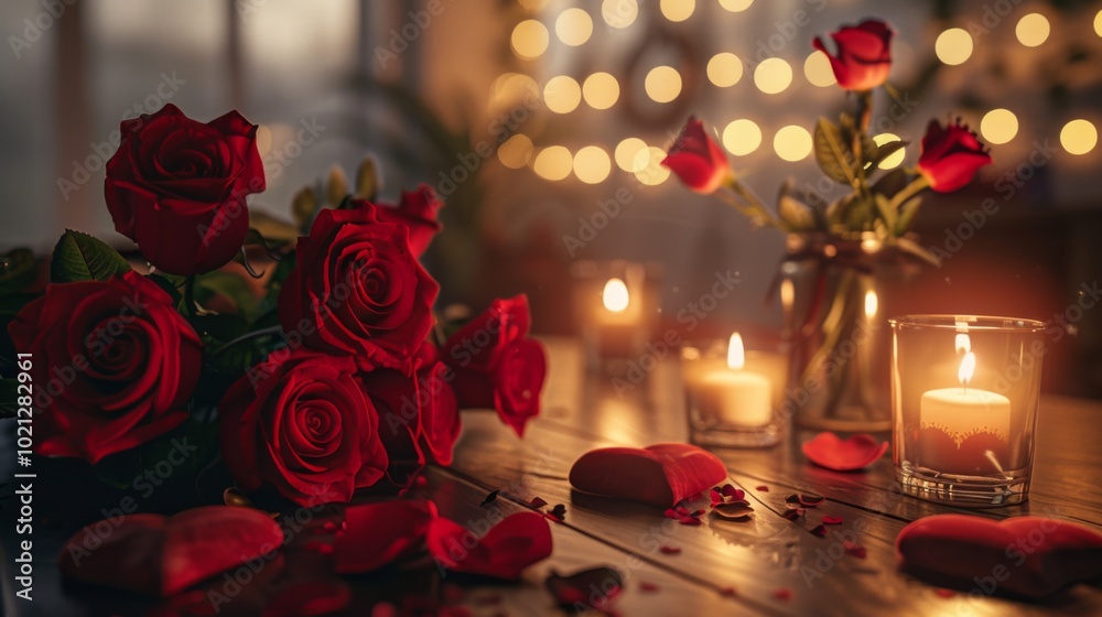 Romantic Dinner Setting with Red Roses and Candlelight Romantic Dinner Setting with Red Roses and Candlelight