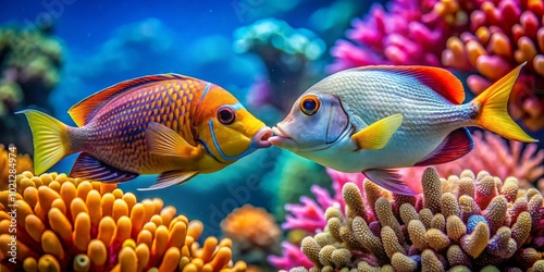 Close-Up of a Vibrant Kiss Fish Swimming Gracefully in a Colorful Coral Reef Underwater Scene photo