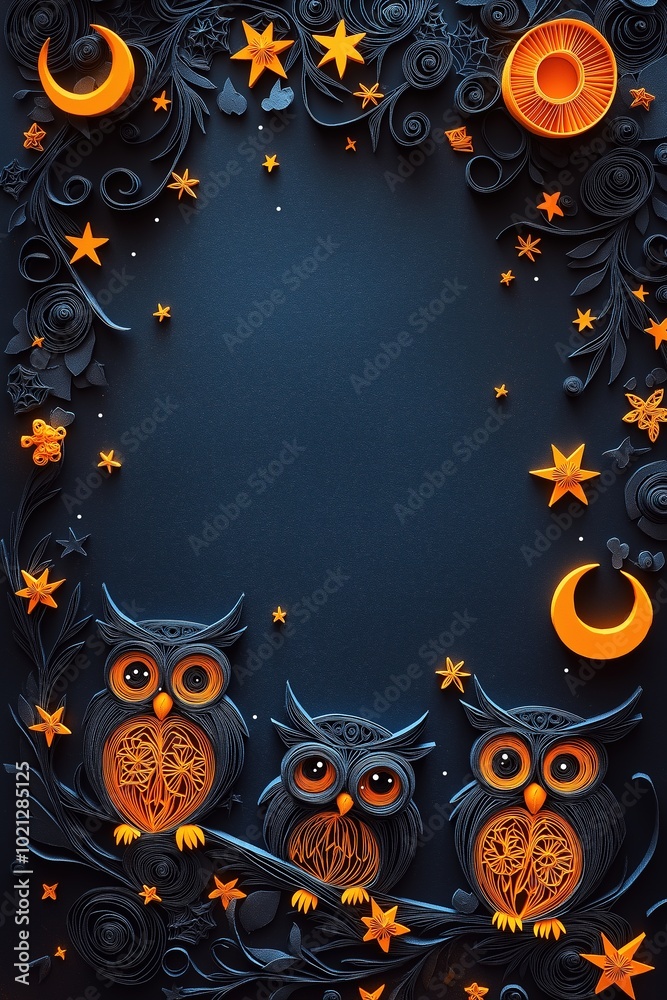 Mystical Halloween Banner with Quilled Owls, Paper-Cut Stars and Moons, Ideal for Festive Greetings