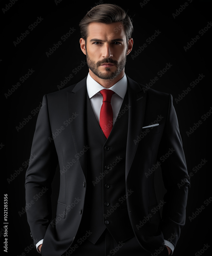 Confident man in a black suit and red tie, hands in pockets. Confident man in a black suit and red tie, hands in pockets.
