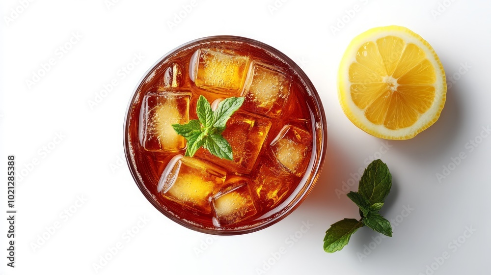 Top view of a glass of iced tea with lemon and mint on white background. Top view of a glass of iced tea with lemon and mint on white background.