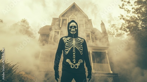 Person in skeleton costume in front of haunted house