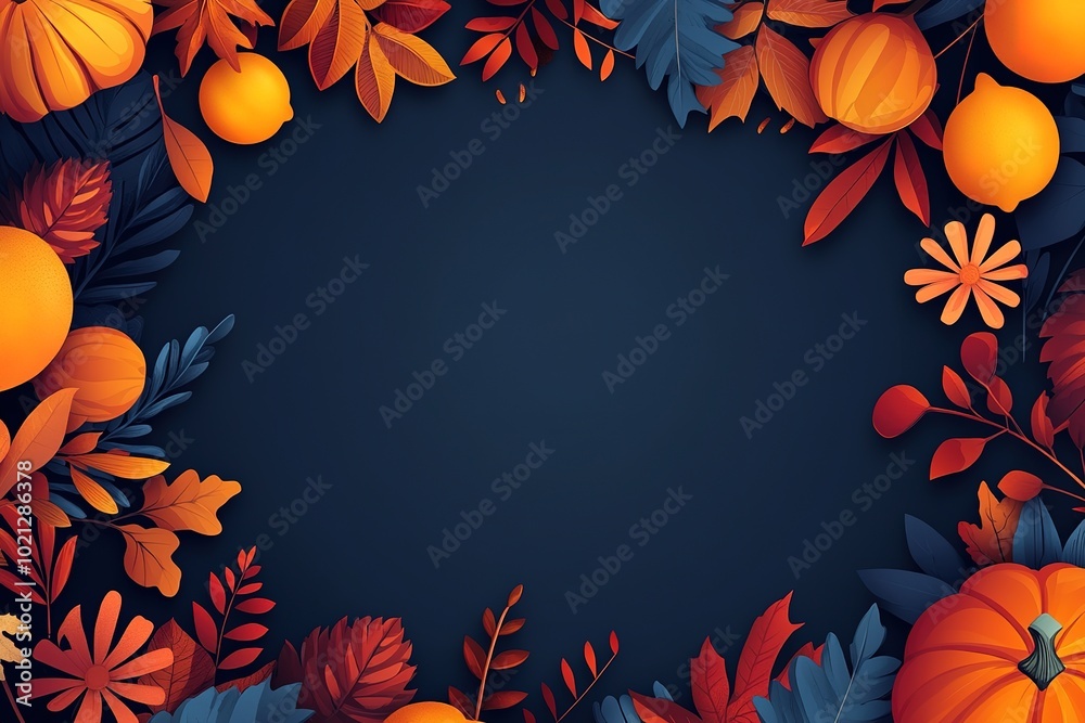 Dark background with copy space in the middle, surrounded by autumn leaves and pumpkins Dark background with copy space in the middle, surrounded by autumn leaves and pumpkins