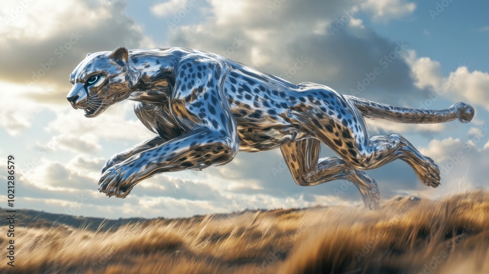 Fototapeta premium Sleek Mechanical Cheetah Running in Open Landscape