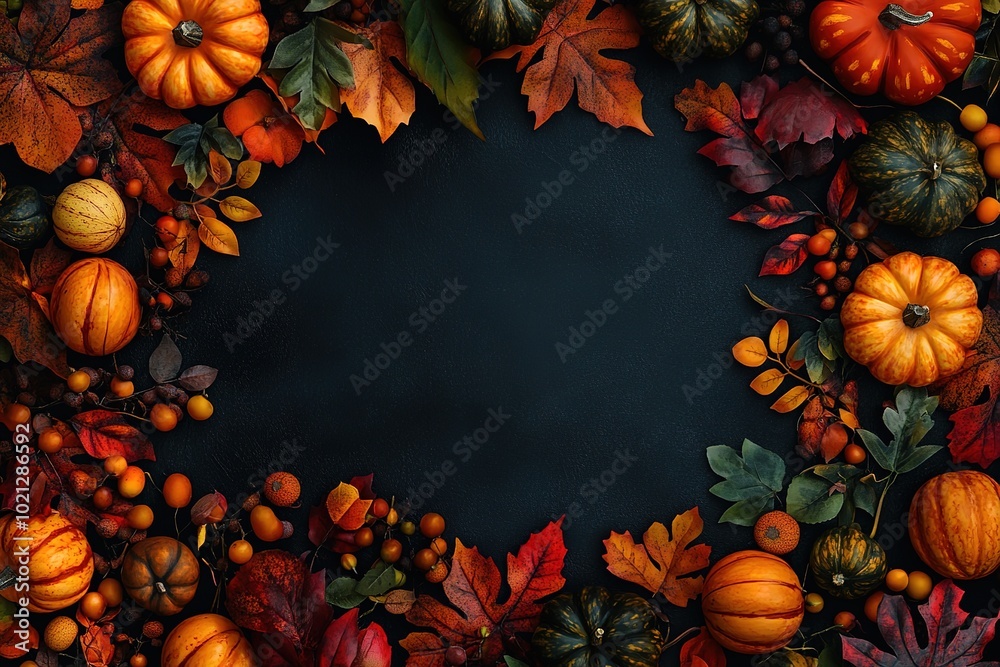 Dark background with copy space in the middle, surrounded by autumn leaves and pumpkins Dark background with copy space in the middle, surrounded by autumn leaves and pumpkins