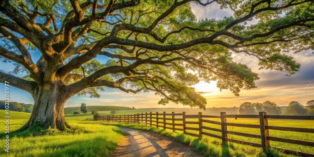 A majestic oak tree casts its shadow over a winding path leading through a verdant meadow, framed by a rustic wooden fence A majestic oak tree casts its shadow over a winding path leading through a verdant meadow, framed by a rustic wooden fence