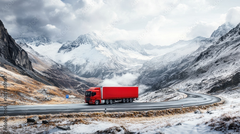 Red Truck Navigating Mountain Pass in Snowy Landscape Red Truck Navigating Mountain Pass in Snowy Landscape