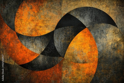 Abstract Art with Intersecting Curved Shapes in Orange, Black, and Gray photo