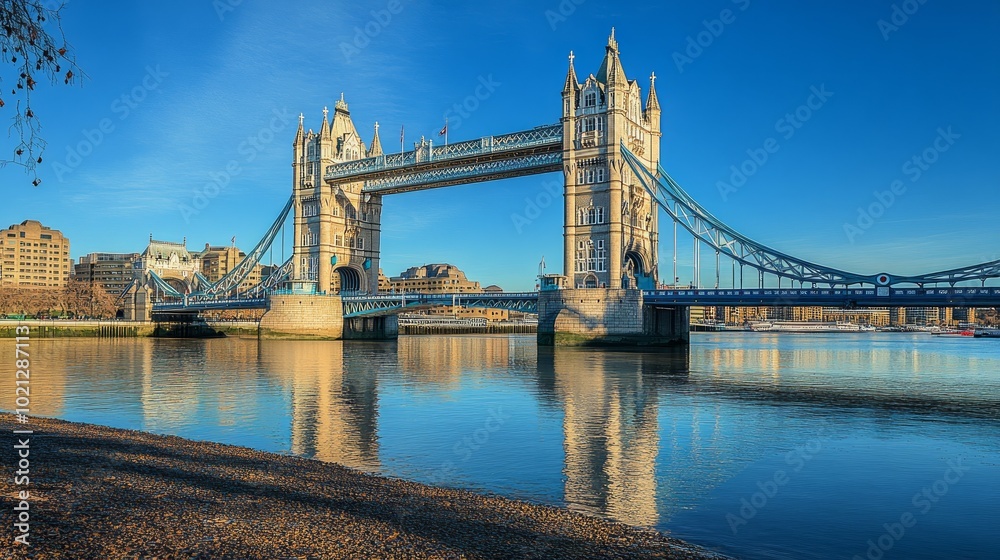 Obraz premium Tower Bridge, London, UK, with a clear blue sky and a reflection in the water.