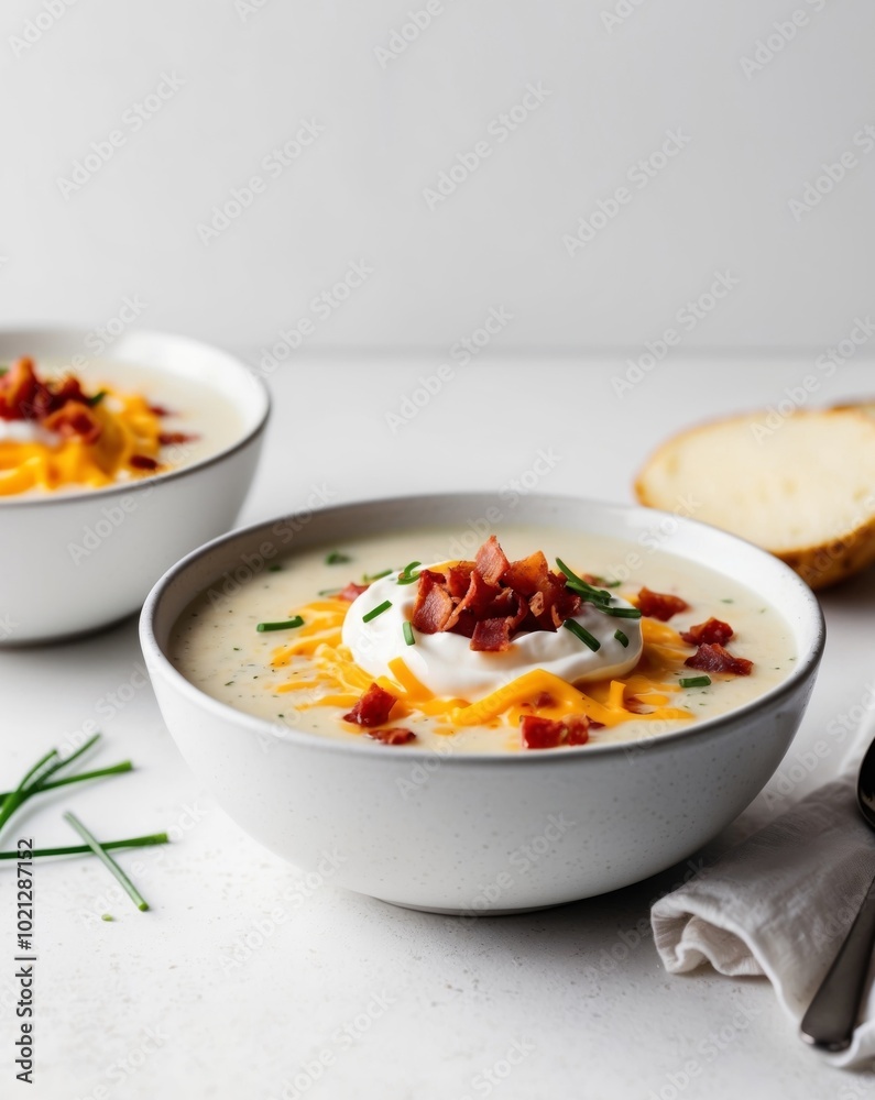 Loaded Baked Potato Soup with Sour Cream Cheddar Cheese Bacon Bits and Chives. Loaded Baked Potato Soup with Sour Cream Cheddar Cheese Bacon Bits and Chives.