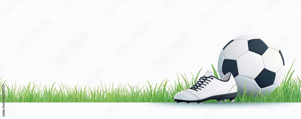 Naklejka premium Dynamic Soccer Action - Stylish Flat Design Illustration of a Soccer Ball and Cleats Kicking on a Grassy Field