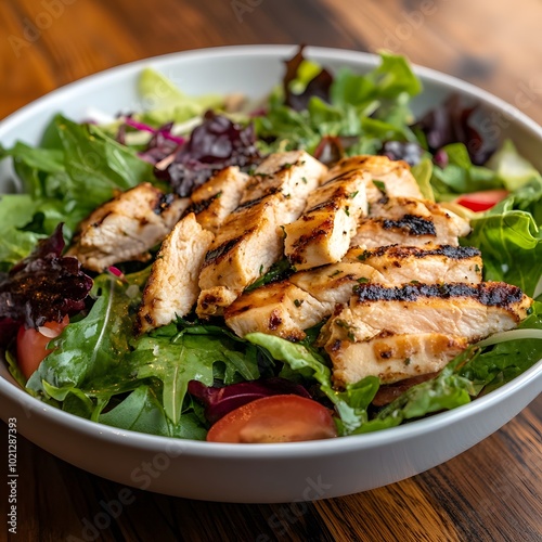 A salad with fresh greens grilled chicken and a vinaigr