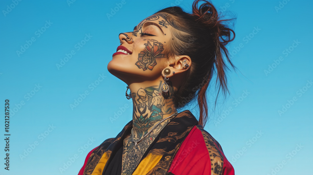 Fototapeta premium Smiling woman with colorful face tattoos against a blue sky.
