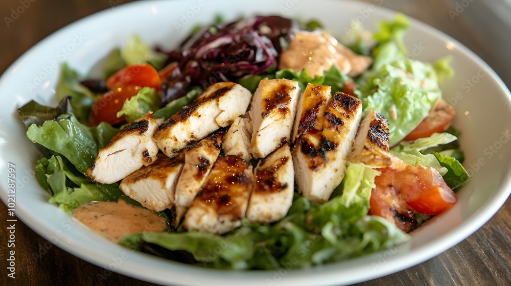 A salad with fresh greens grilled chicken and a vinaigr A salad with fresh greens grilled chicken and a vinaigr