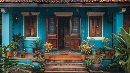 A vintage house  with wooden doors, blue walls, tiled roof, potted plants, and stairs to the entrance. Soft focus and retro tones create a nostalgic, peaceful mood