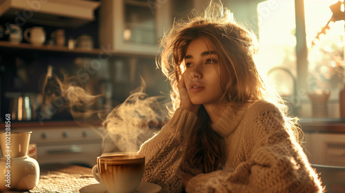 A beautiful girl in an oversized sweater sits at a table with steaming coffee in the sunlight. Her messy hair complements the cozy kitchen background, giving the photo a cinematic feel