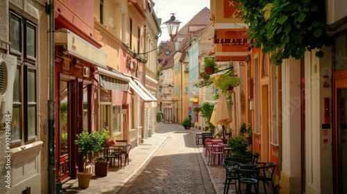 Narrow street in a European city with old buildings and charming outdoor cafes.