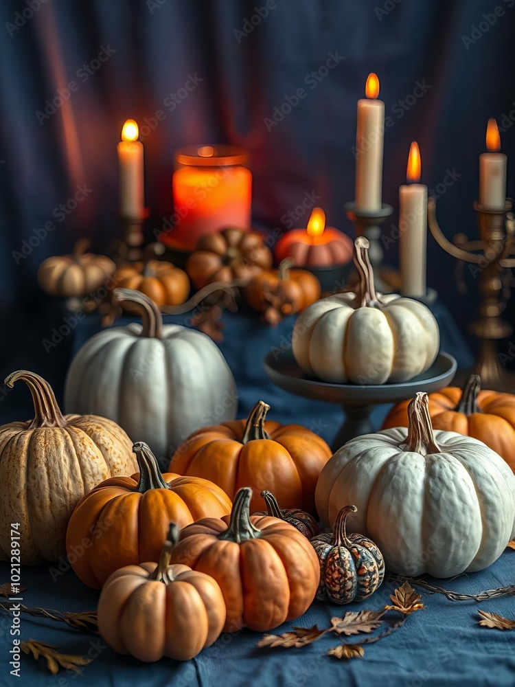 Various colored halloween pumpkins and candles arranged on a blue table with a blue and orange backdrop halloween backdrop Various colored halloween pumpkins and candles arranged on a blue table with a blue and orange backdrop halloween backdrop
