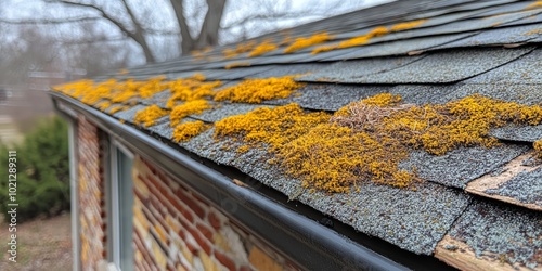 Moss-covered roof with vibrant yellow-green hues, showcasing nature's touch on shingles. photo