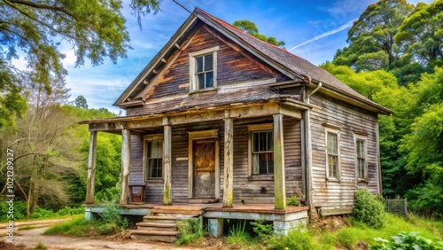 A weathered wooden cottage with a porch, surrounded by lush green trees and a blue sky