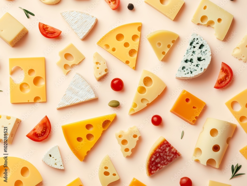 Assorted cheese varieties with tomatoes and olives on a pastel background. Perfect for culinary and gourmet themes. Assorted cheese varieties with tomatoes and olives on a pastel background. Perfect for culinary and gourmet themes.