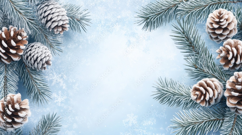 Evergreen branches with frosted pine cones, placed on an icy blue background, perfect for a winter holiday-themed design. Evergreen branches with frosted pine cones, placed on an icy blue background, perfect for a winter holiday-themed design.