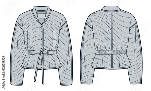 Bomber Jacket fashion design. Light Padded Quilted Jacket fashion flat technical drawing template, drawstring waist, pockets, buttons, front and back view, grey, women, men, unisex CAD mockup.