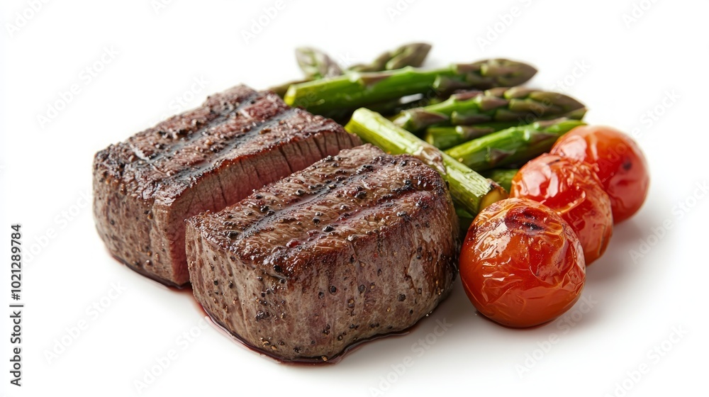 Two grilled steak medallions with asparagus and cherry tomatoes. Two grilled steak medallions with asparagus and cherry tomatoes.
