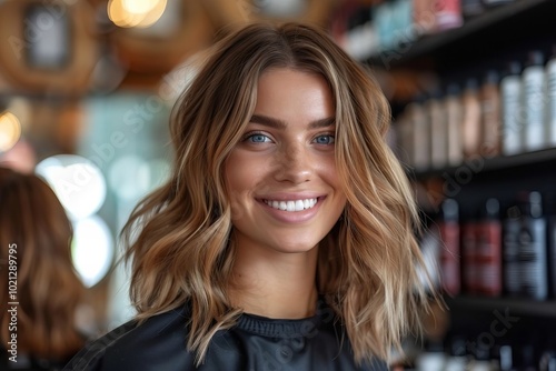 Portrait of a female hairstylist beaming with joy in a salon photo