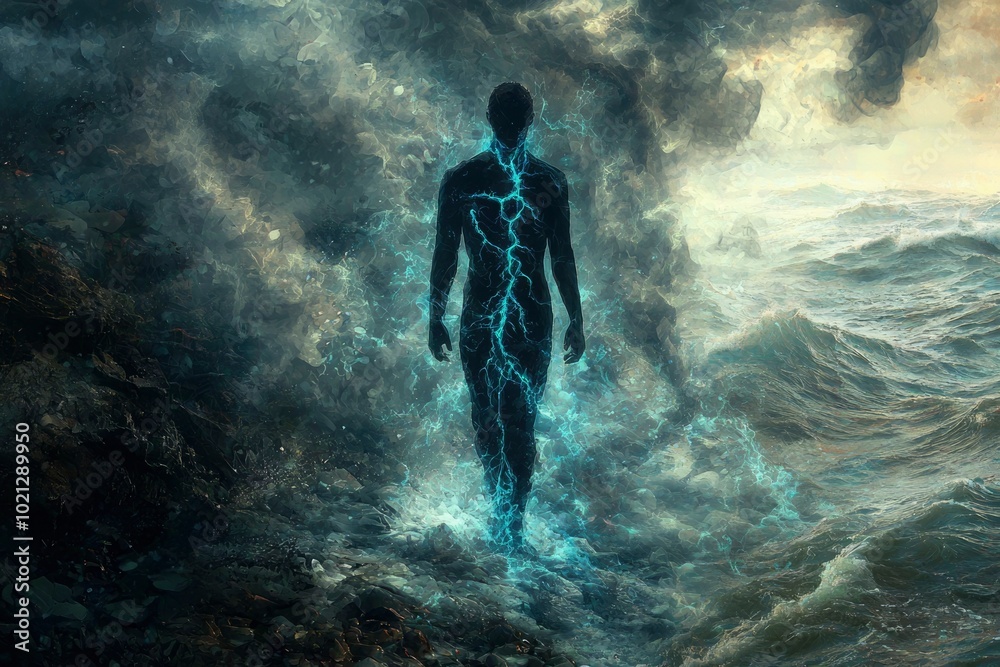 A Silhouette of a Figure Emerging from the Sea, Bathed in Glowing Blue Energy A Silhouette of a Figure Emerging from the Sea, Bathed in Glowing Blue Energy
