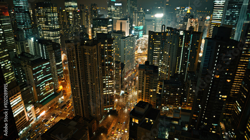 Night in the big city, with illuminated skyscrapers and busy traffic on the streets below.