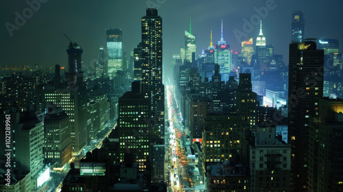 Night in the big city, with illuminated skyscrapers and busy traffic on the streets below.